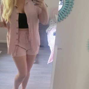 Cute light pink set- button up top and drawstring bottoms!